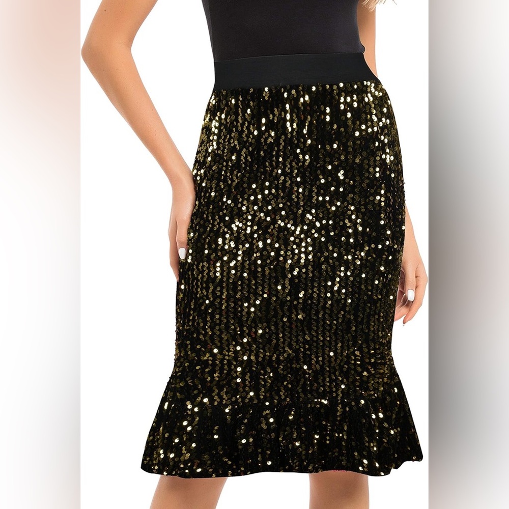 Prettyguide Sequin Skirt High Waist Velvet Shimmer Mermaid Ruffle Party Skirt